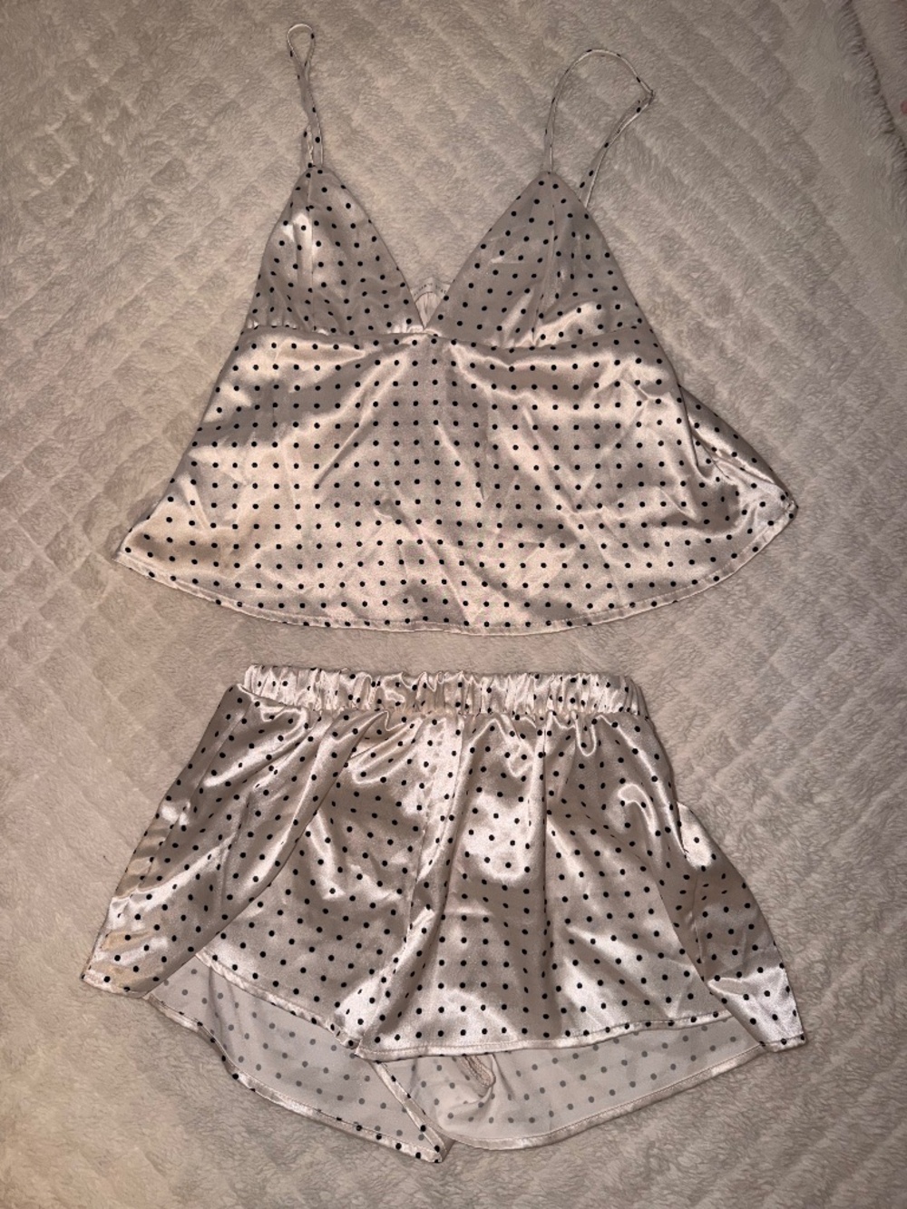 Altar’d State Satin Polka Dot Pajama Set Cami Shorts Ivory Black XS